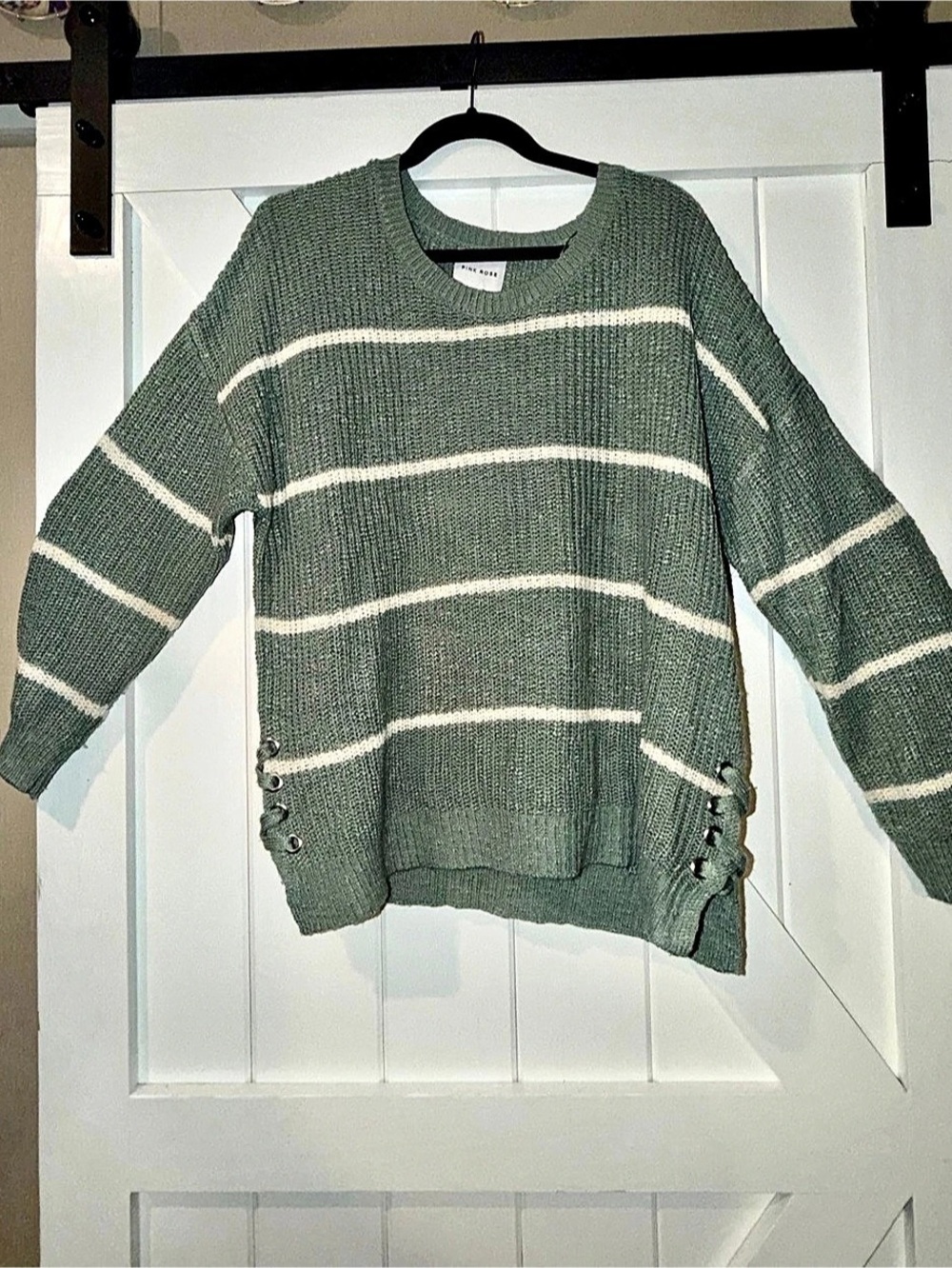 Pink Rose Green Striped Lace Up Side Sweater Green & White 1X